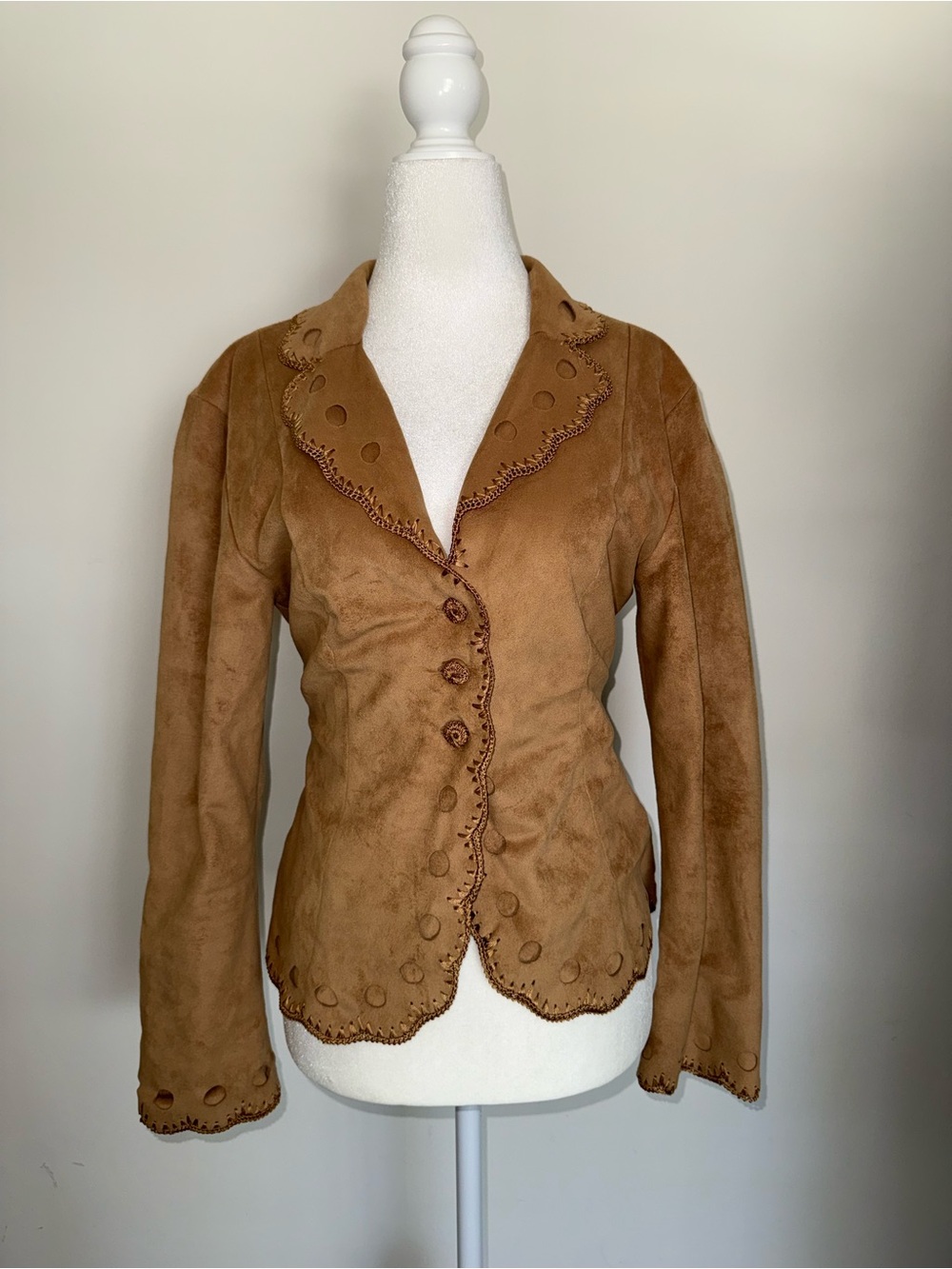 Women's Tan Suede Scalloped Button Jacket